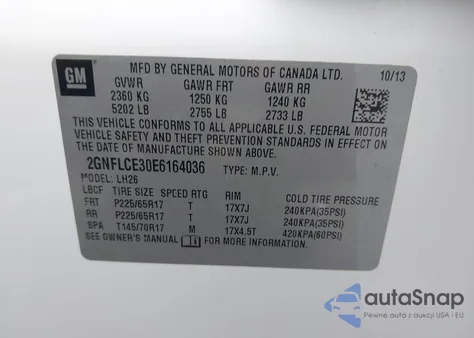 2014 Chevrolet Equinox 2Lt z USA, uszkodzony, nr VIN 2GNFLCE30E6164036